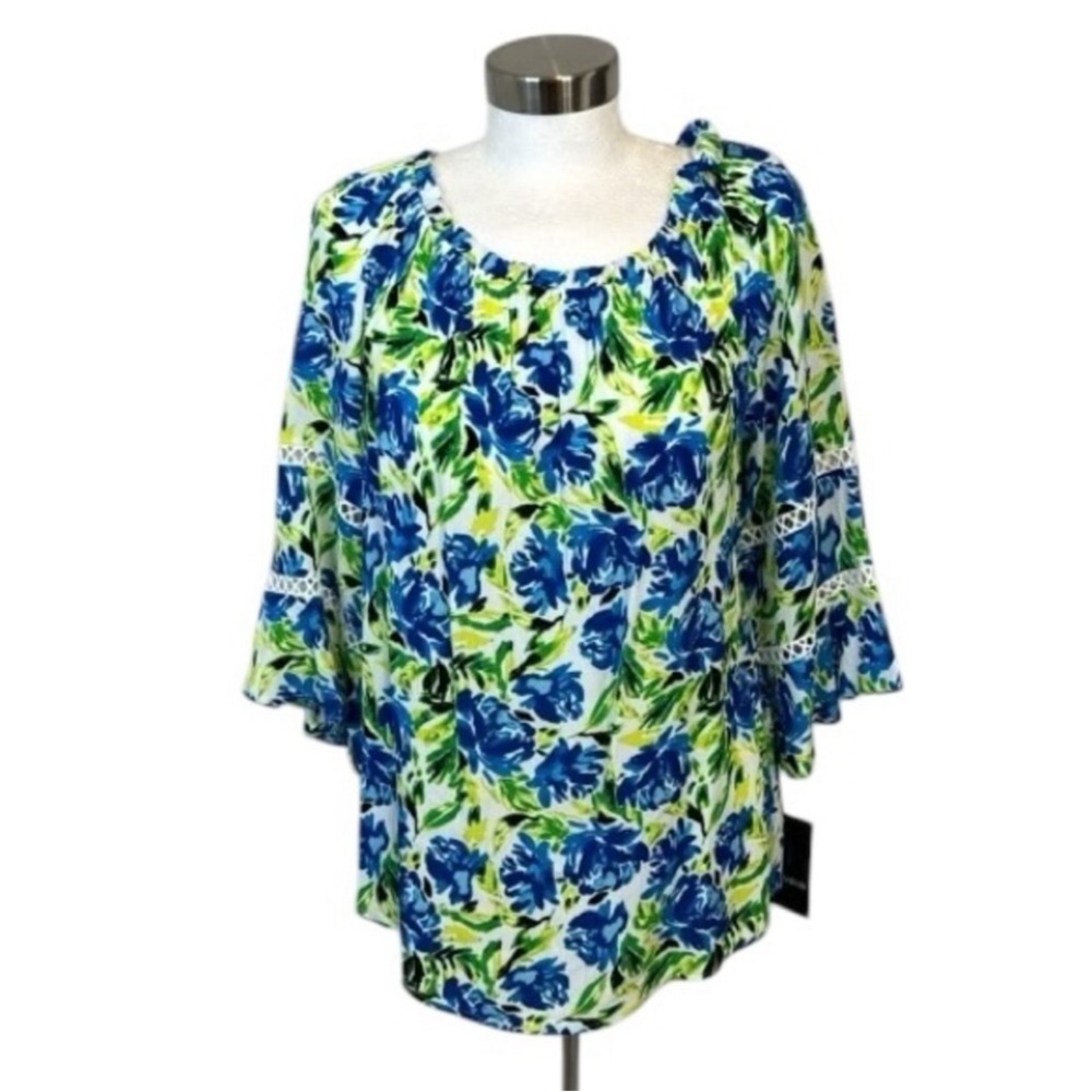 IN Studio blouse floral crinkle elastic neck lace trim bell sleeves pleat fabric